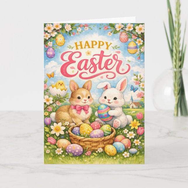 Tarjeta Festiva Happy Easter Bunny Eggs Garden (Anverso)