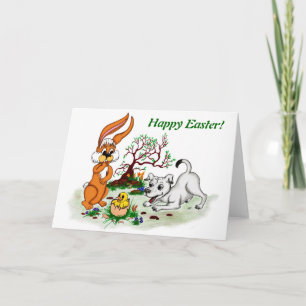 Tarjeta Festiva Happy Easter! Cachorro, polluelo, liebre