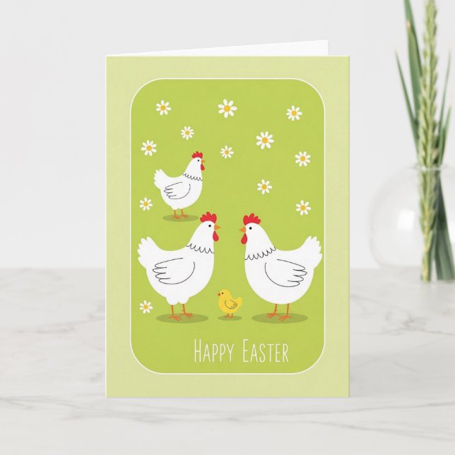 Tarjeta Festiva Happy Easter Card With White Hens and Yellow Chick (Anverso)