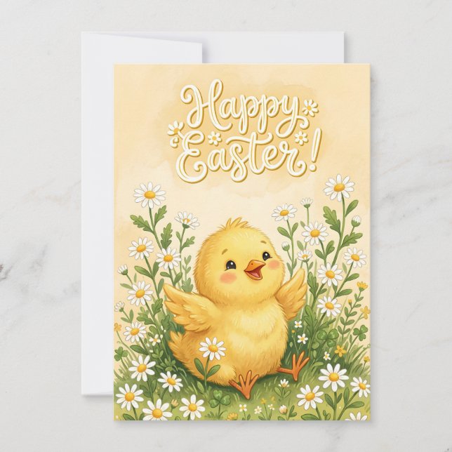 Tarjeta Festiva Happy Easter Chick Surrounded by Daisies (Anverso)