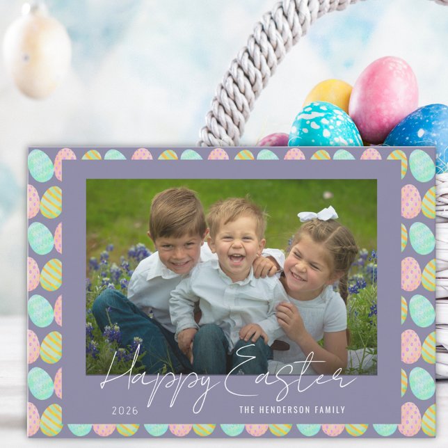 Tarjeta Festiva Happy Easter colorful Watercolor Eggs Photo (Watercolor Easter egg pattern photo happy Easter holiday flat greetings card)