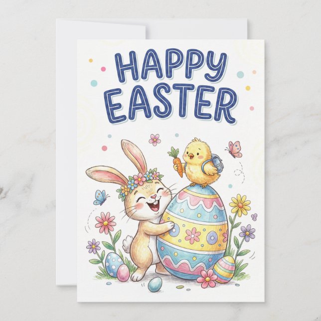 Tarjeta Festiva Happy Easter Cute Bunny and Chick Card (Anverso)