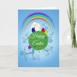 Tarjeta Festiva Happy Easter Cute Bunny Colorful Planet & Rainbow