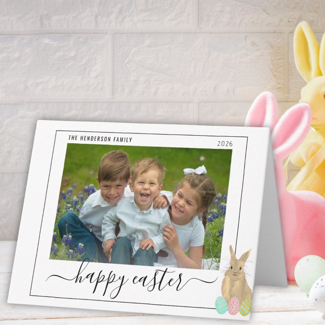 Tarjeta Festiva Happy Easter Cute Bunny Kids Photo (Personalized watercolor cute easter bunny and eggs kids photo folded holiday greetings card)