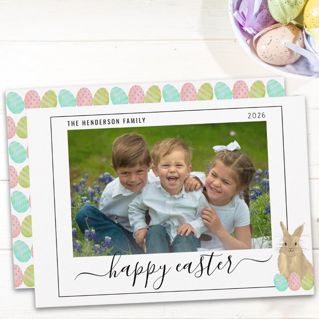 Tarjeta Festiva Happy Easter Cute Bunny Kids Photo (Watercolor cute Easter bunny kids photo holiday flat card Whimsical elegant modern script)
