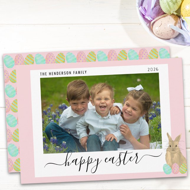 Tarjeta Festiva Happy Easter Cute Bunny Kids Photo Pink (Cute Easter bunny kids photo pink holiday card whimsical Elegant script)