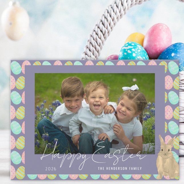 Tarjeta Festiva Happy Easter Cute Bunny Photo (Watercolor cute bunny and Easter eggs photo happy Easter holiday flat greetings card)