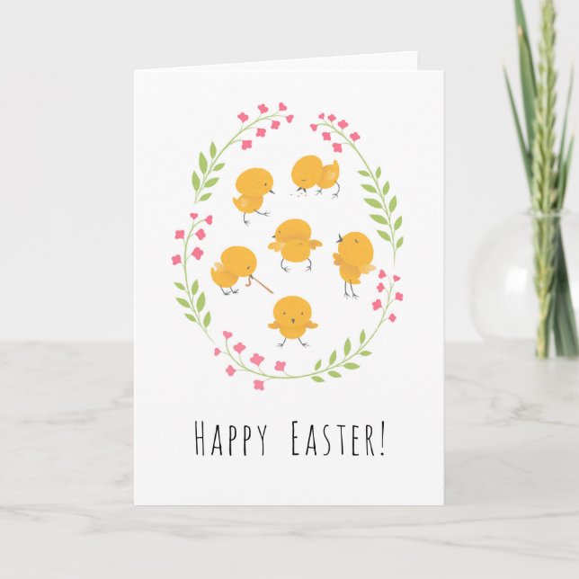 Tarjeta Festiva Happy Easter Cute Chicks Floral Egres Wreath Card (Anverso)