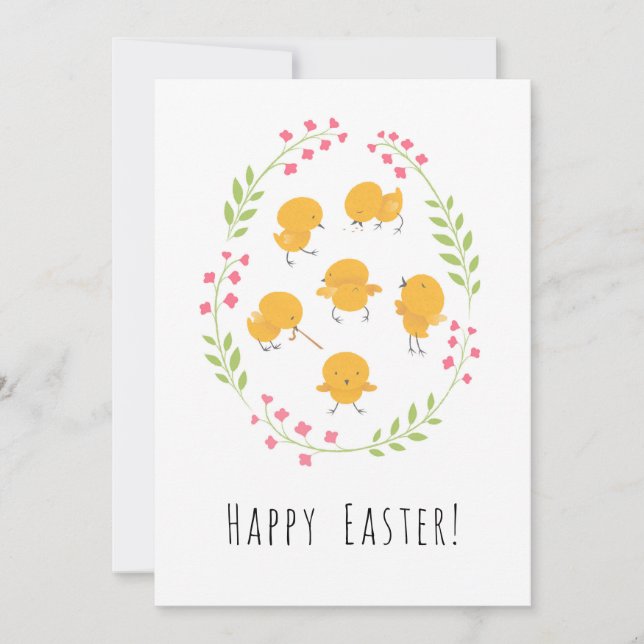 Tarjeta Festiva Happy Easter Cute Chicks Floral Egres Wreath Card (Anverso)