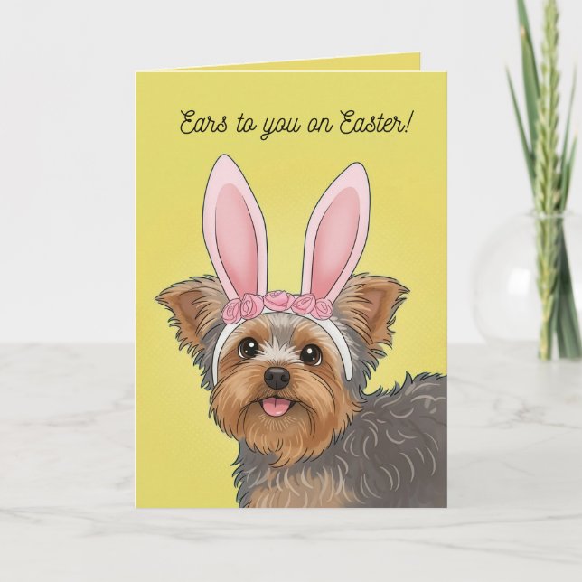 Tarjeta Festiva Happy Easter Cute Yorkie Dog in Bunny Ears (Anverso)