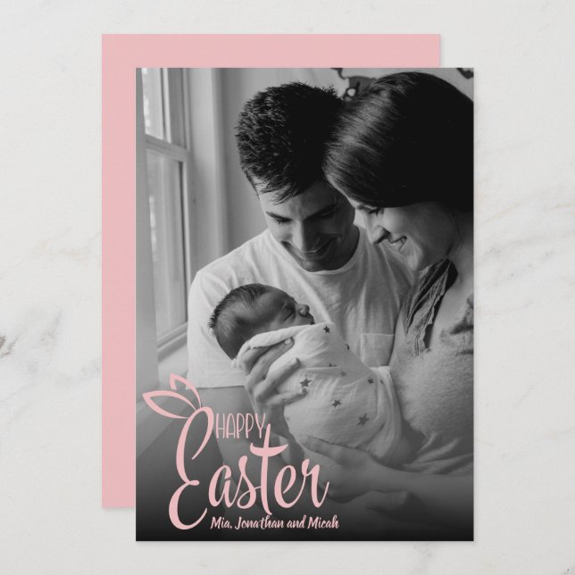 Tarjeta Festiva Happy Easter Decorative Pink Script Custom Photo (Anverso / Reverso)