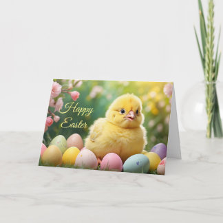 Tarjeta Festiva Happy Easter Easter Baby Chick with Painted Eggs 