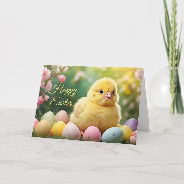 Tarjeta Festiva Happy Easter Easter Baby Chick with Painted Eggs  (Anverso)