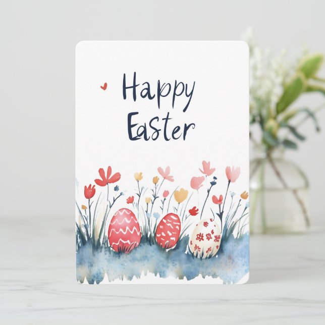 Tarjeta Festiva Happy Easter Eggs Watercolor Rojo (Anverso de pie)