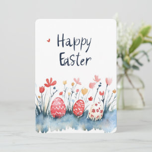 Tarjeta Festiva Happy Easter Eggs Watercolor Rojo