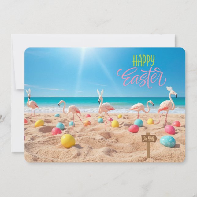 Tarjeta Festiva Happy Easter Flamingo Easter Egg Hunt on Beach (Anverso)
