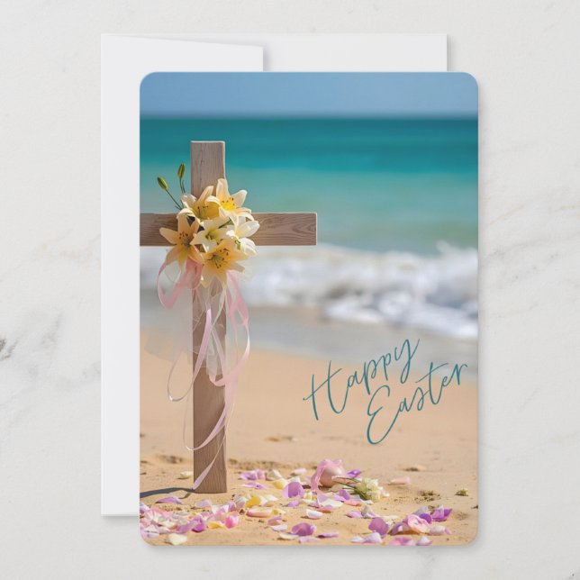 Tarjeta Festiva Happy Easter from Florida Cross & Lilies on Beach (Anverso)