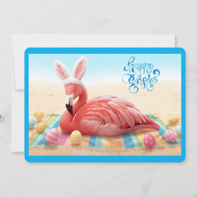 Tarjeta Festiva Happy Easter from Florida Flamingo Bunny on Beach (Anverso)