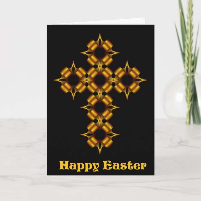 Tarjeta Festiva Happy Easter Gold Cross Fractal (Anverso)