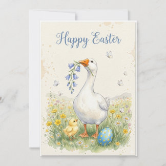 Tarjeta Festiva Happy Easter Goose Card | Chick & Bellflowers