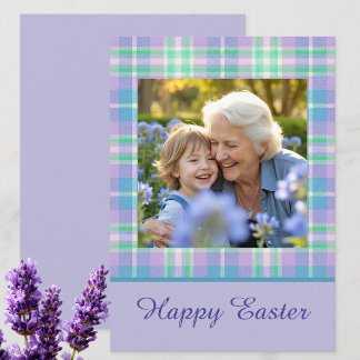 Tarjeta Festiva Happy Easter Plaid One Photo Purple Blue Pastel