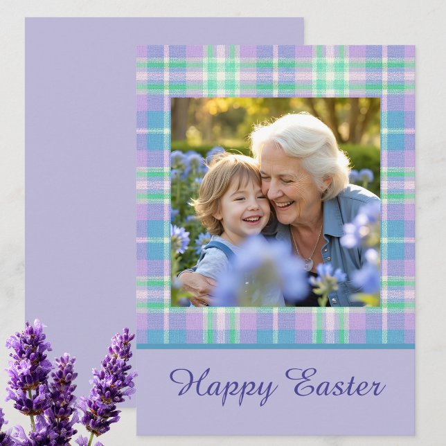 Tarjeta Festiva Happy Easter Plaid One Photo Purple Blue Pastel (Subido por el creador)