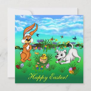 Tarjeta Festiva Happy Easter! Rabbit, Chick and Puppy