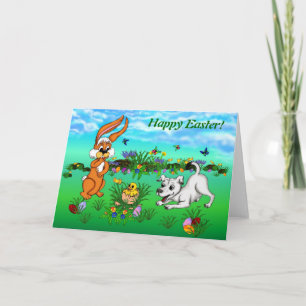 Tarjeta Festiva Happy Easter! Rabbit, Chick and Puppy