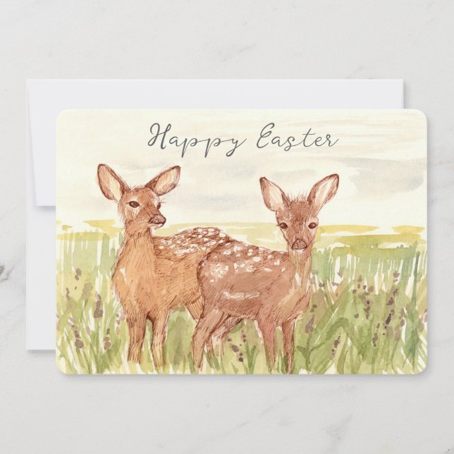 Tarjeta Festiva Happy Easter Spring Fawns Deer Wildflower Field (Anverso)