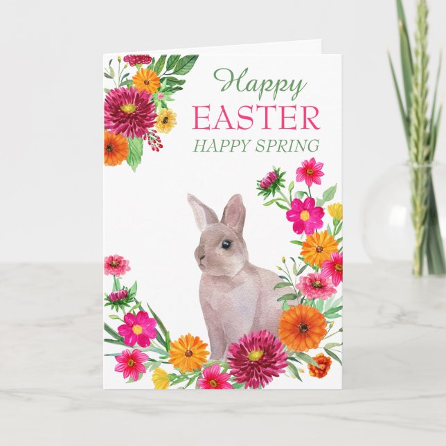 Tarjeta Festiva Happy Easter Spring Floral Wreath Bunny (Anverso)