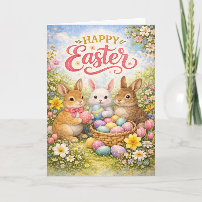 Tarjeta Festiva Happy Easter Three Bunny Garden (Anverso)