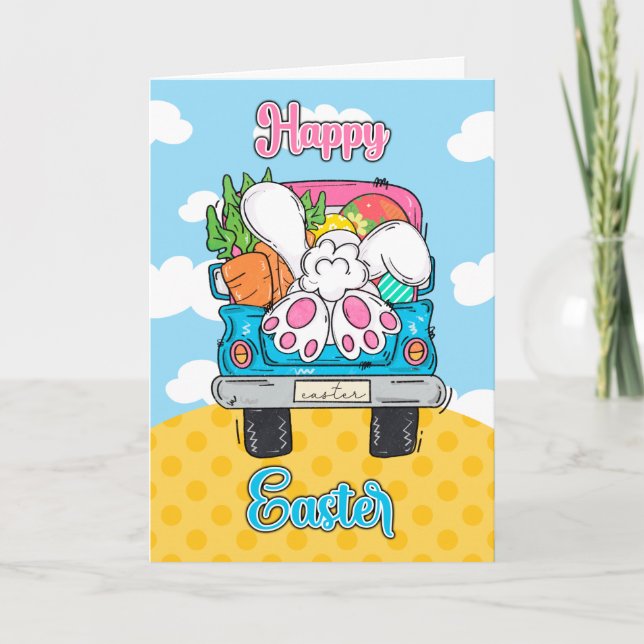 Tarjeta Festiva Happy Easter Truck Bunny and vegetables (Anverso)