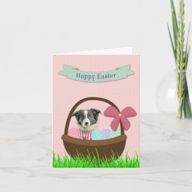 Tarjeta Festiva Happy Easter with Dog in Easter Basket Card (Anverso)