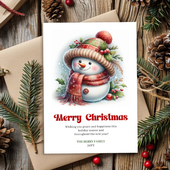 Tarjeta Festiva Happy editable funny snowman red green gold card (Happy editable funny snowman red green gold card)