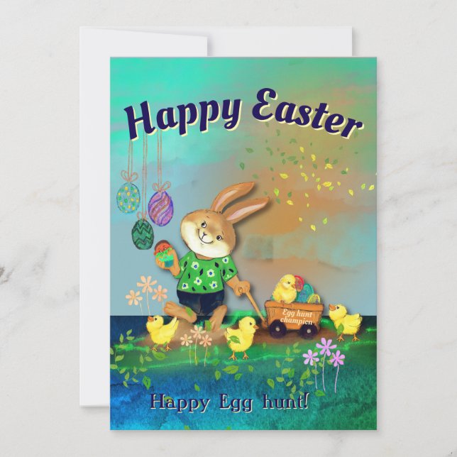 Tarjeta Festiva Happy Egt Hunt Bunny & Chicks Green Holiday Card (Anverso)