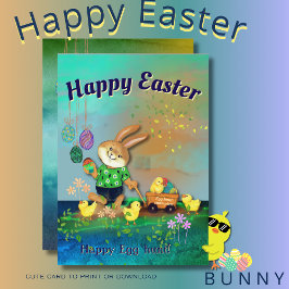 Tarjeta Festiva Happy Egt Hunt Bunny & Chicks Green Holiday Card