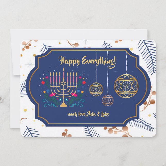 Tarjeta Festiva Happy Everything Blue and Gold Holiday Card (Anverso)