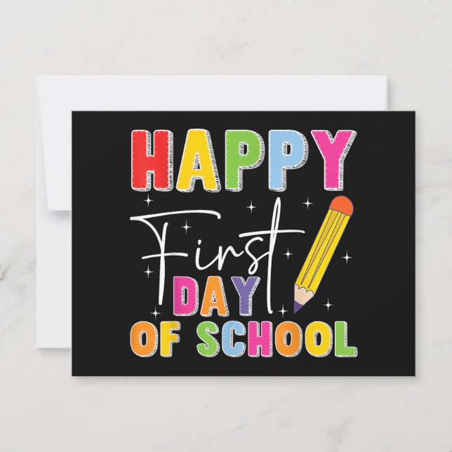 Tarjeta Festiva Happy First Day Of School Pencil Teacher Kids Back (Anverso)