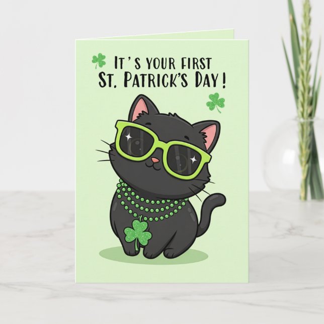 Tarjeta Festiva Happy First St Patricks Day Baby Cute Kitten  (Anverso)