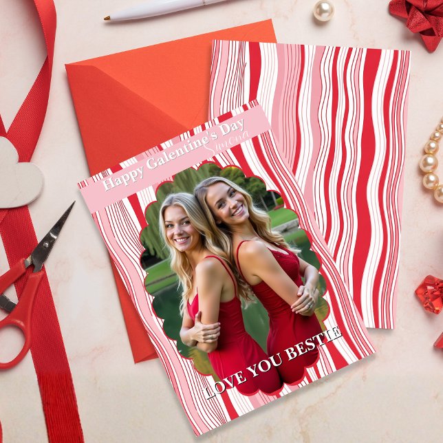 Tarjeta Festiva Happy Galentine’s Day Pink Stripes Besties Forever (Happy Galentine’s Day Pink Stripes Besties Forever Holiday Card)