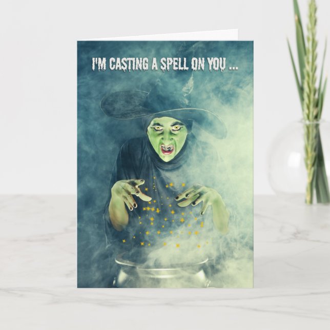 Tarjeta Festiva Happy Halloween Creepy Witch Casting Spell (Anverso)
