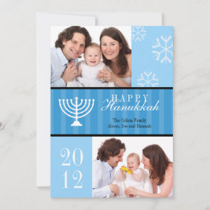 Tarjeta Festiva Happy Hannukkah blue stripes menorah foto card