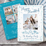 Tarjeta Festiva Happy Hanukkah 5 Photo Whimsical Hand Drawn Doodle<br><div class="desc">“Happy Hanukkah.” It's that time to touch base with your family and friends to celebrate Hanukkah and usher in the festival of lights. On the front, fun, whimsical navy blue handwritten script typography and turquoise teal blue hand drawn Hanukkah icon doodles, along with the photo of your choice, overlay a...</div>