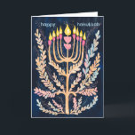 Tarjeta Festiva Happy Hanukkah Botanah Menorah Watercolor<br><div class="desc">¡Dulce dibujo para desear a alguien feliz hanukkah! Haga clic en "editar usando la herramienta de diseño" para agregar su propio texto. También disponible como postal, tarjeta plana o descarga digital para enviar instantáneamente por correo electrónico o mensaje de texto. Revisa mi tienda para más o hazme saber si quieres...</div>