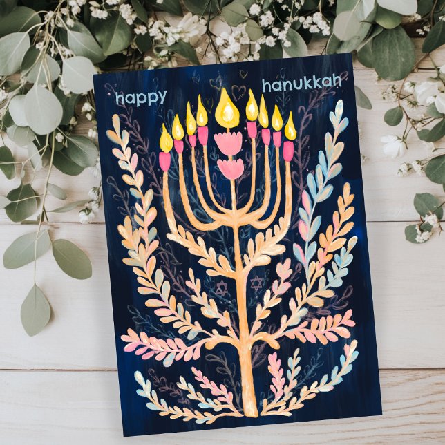 Tarjeta Festiva Happy Hanukkah Botanah Menorah Watercolor (Happy Hanukkah Botanical Menorah Watercolor Holiday Flat Card
)