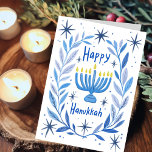 Tarjeta Festiva Happy Hanukkah Botanah Menorah Watercolor<br><div class="desc">¡Dulce dibujo para desear a alguien feliz hanukkah! Haga clic en "editar usando la herramienta de diseño" para agregar su propio texto. También disponible como postal, tarjeta plana o descarga digital para enviar instantáneamente por correo electrónico o mensaje de texto. Revisa mi tienda para más o hazme saber si quieres...</div>