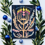 Tarjeta Festiva Happy Hanukkah Botanah Menorah Watercolor<br><div class="desc">¡Dulce dibujo para desear a alguien feliz hanukkah! Haga clic en "editar usando la herramienta de diseño" para agregar su propio texto. También disponible como postal, tarjeta doblada o descarga digital para enviar instantáneamente por correo electrónico o mensaje de texto. Revisa mi tienda para más o hazme saber si quieres...</div>