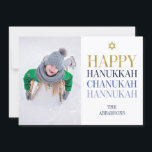 Tarjeta Festiva Happy Hanukkah Chanukah Holiday Photo Card<br><div class="desc">En este diseño se incorpora el diseño de Relieve metalizado de oro simulado falso. Personalice el texto personalizado anterior. En nuestra colección "Happy Hanukkah Chanukah" se pueden encontrar elementos de coordinación adicionales.</div>