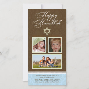 Tarjeta Festiva Happy Hanukkah Damask Holiday PhotoCard (azul)