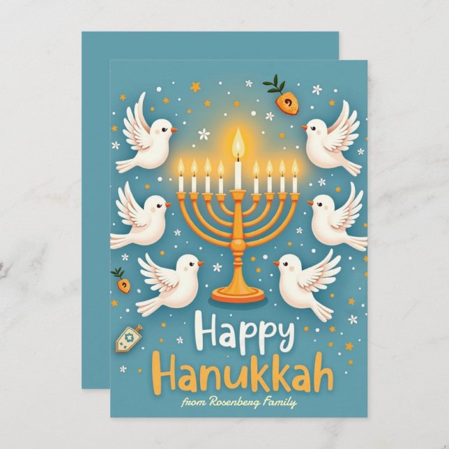 Tarjeta Festiva ✡️Happy Hanukkah Doves, Doughnuts & Drama (Anverso / Reverso)